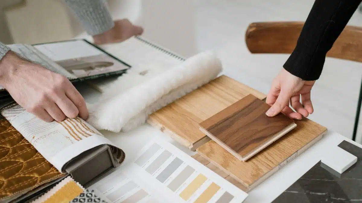 Hands selecting and comparing textile and wood samples for interior design.