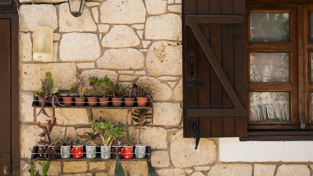 Charming rustic stone wall with potted succulents and a wooden shuttered window.