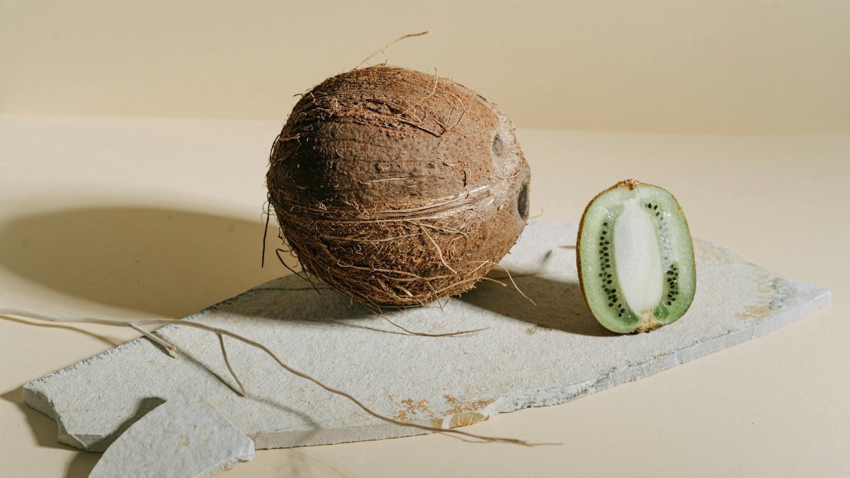 Artistic still life of a coconut and sliced kiwi on a textured surface.
