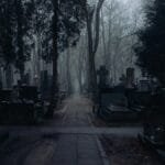Serene and mysterious graveyard scene with tombstones in a foggy winter setting.