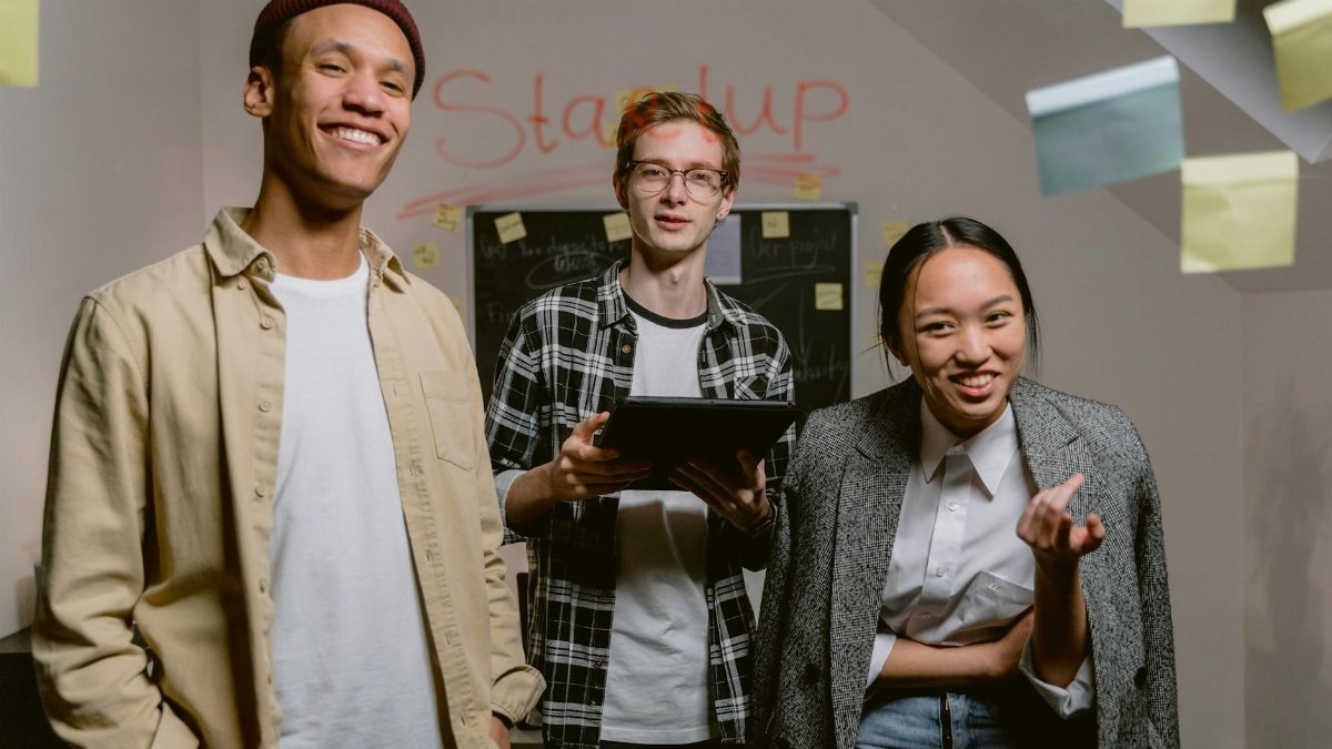 Young professionals working together in a startup office, fostering creativity and innovation.