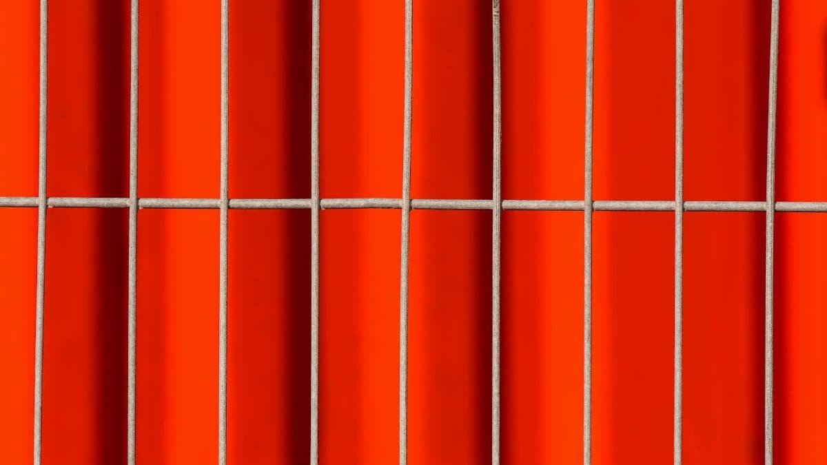 Close-up of an abstract pattern with vibrant red tiles and metal grids, creating a striking visual impact.