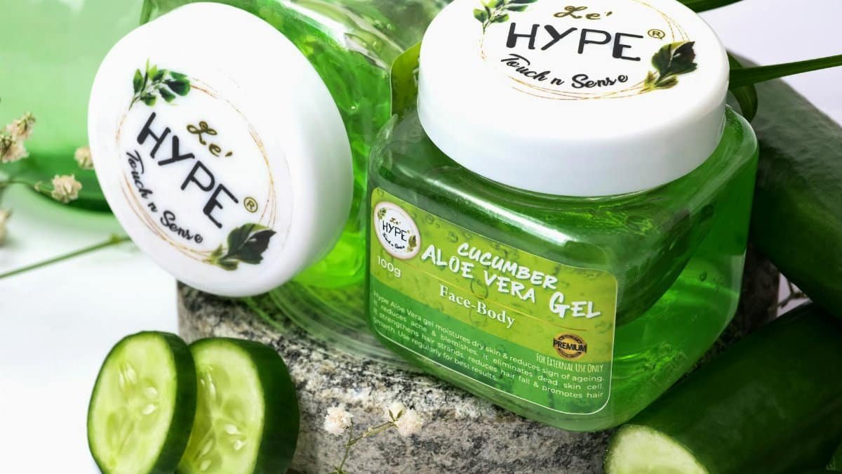Refreshing cucumber aloe vera gel ideal for skincare, presented with fresh cucumber slices and green textures.