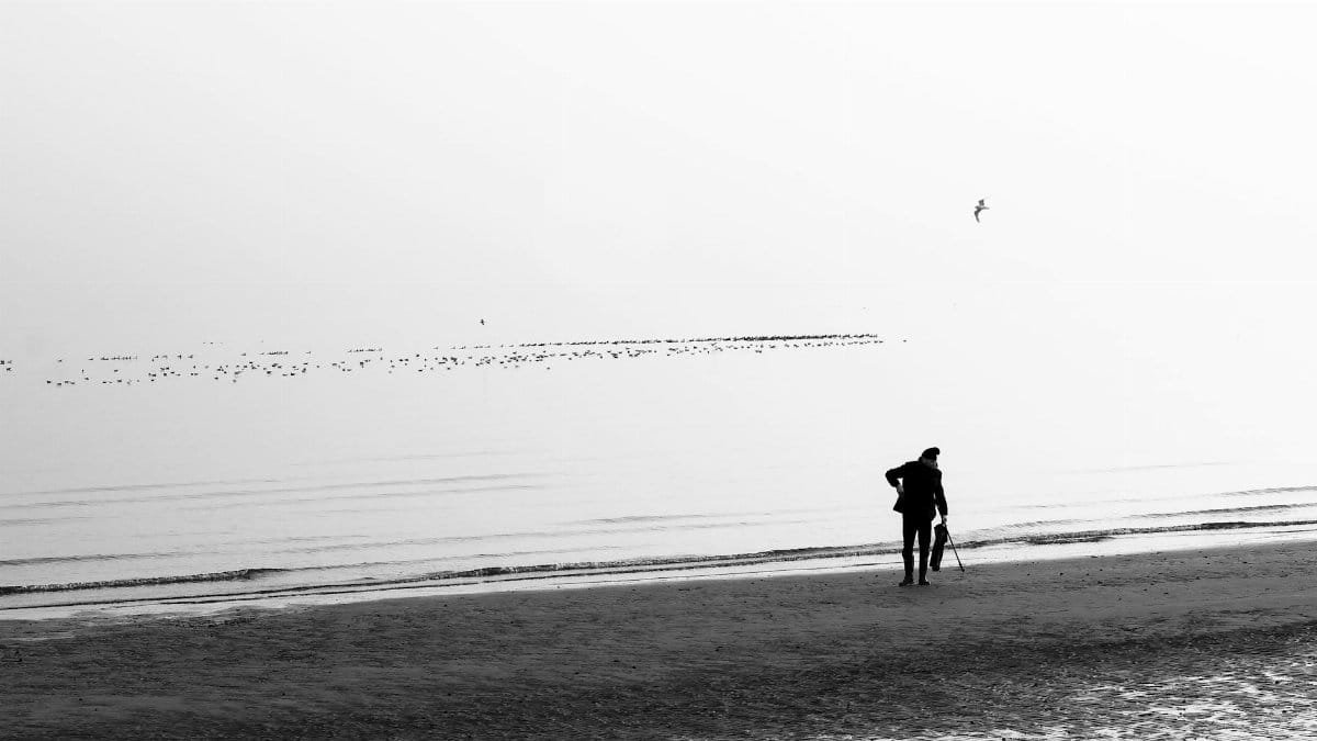 Black and white image of people walking on a serene beach with seagulls and calm waves.