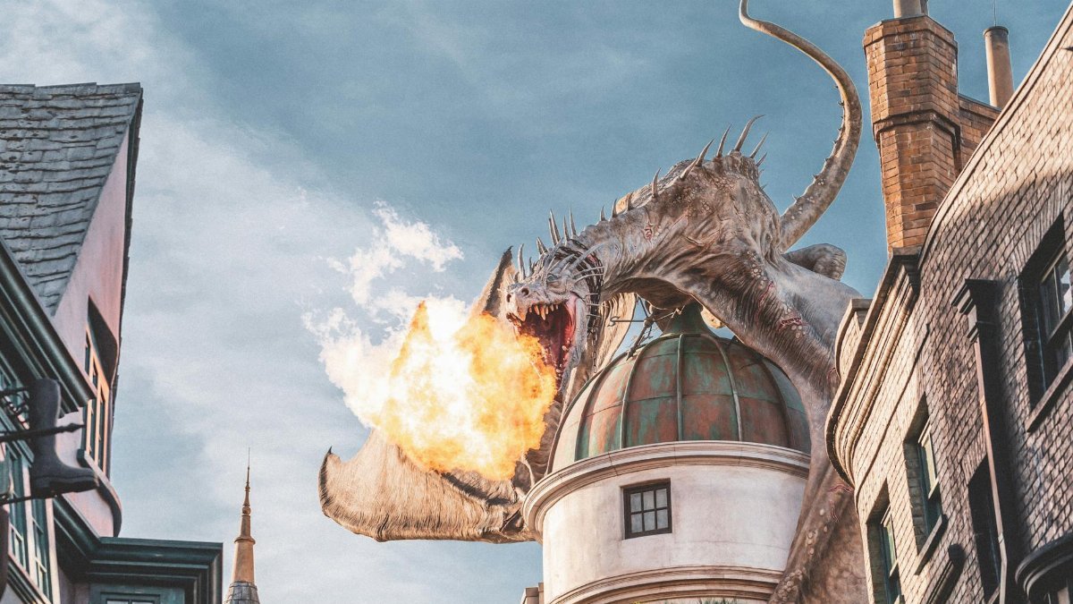 Epic fire-breathing dragon atop building at Universal Studios, Orlando.
