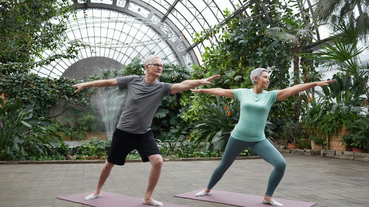 Elderly couple enjoying yoga exercises together in a lush greenhouse setting.