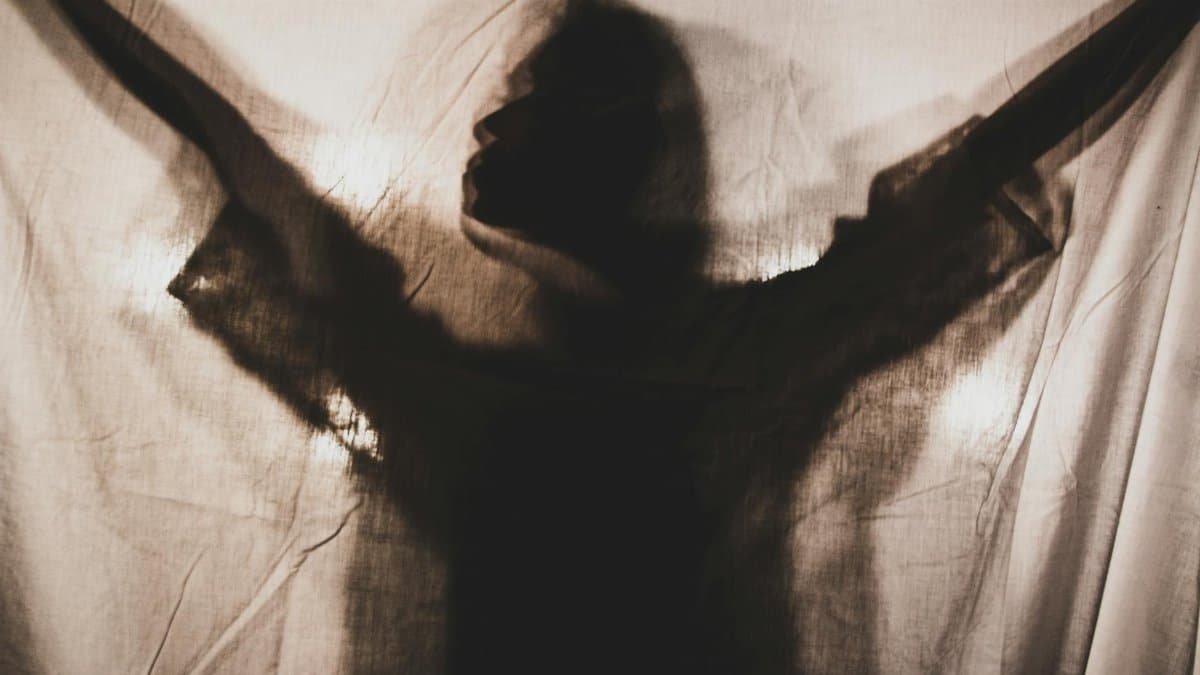 Artistic silhouette of a woman with arms spread behind a backlit fabric.