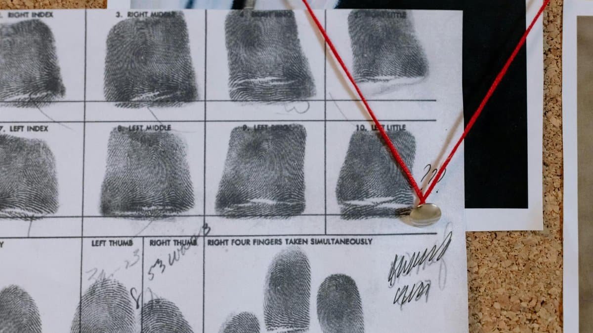 Detailed close-up of fingerprint card pinned on a corkboard, showcasing identity documentation.