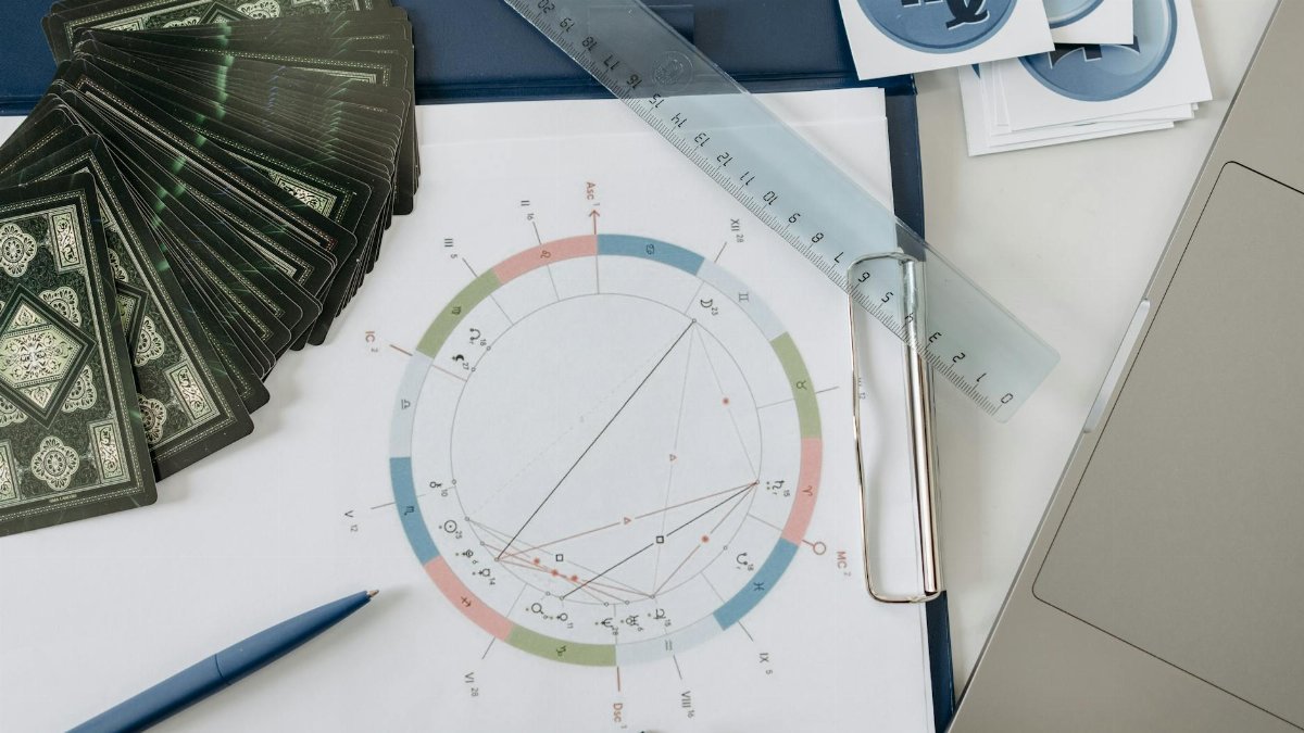Flat lay of astrology tools, including tarot cards and a natal chart, on a desk.