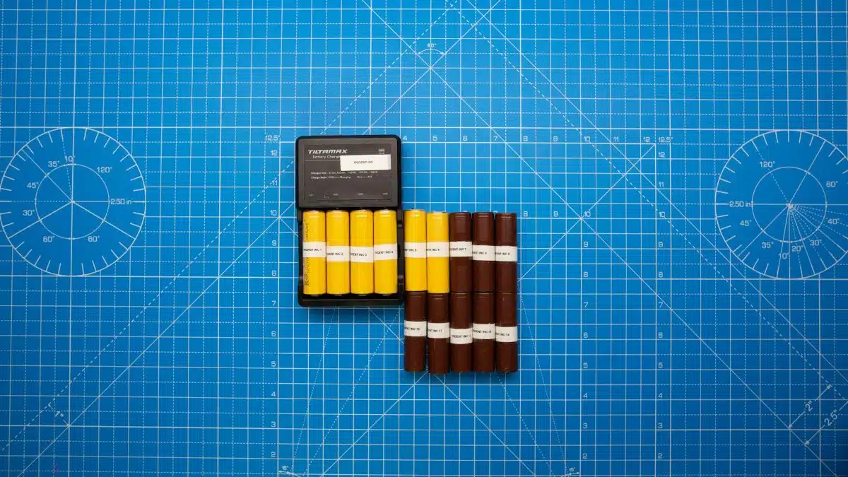 Top view of batteries on a blue grid design surface with a charger, showcasing organization and technology.