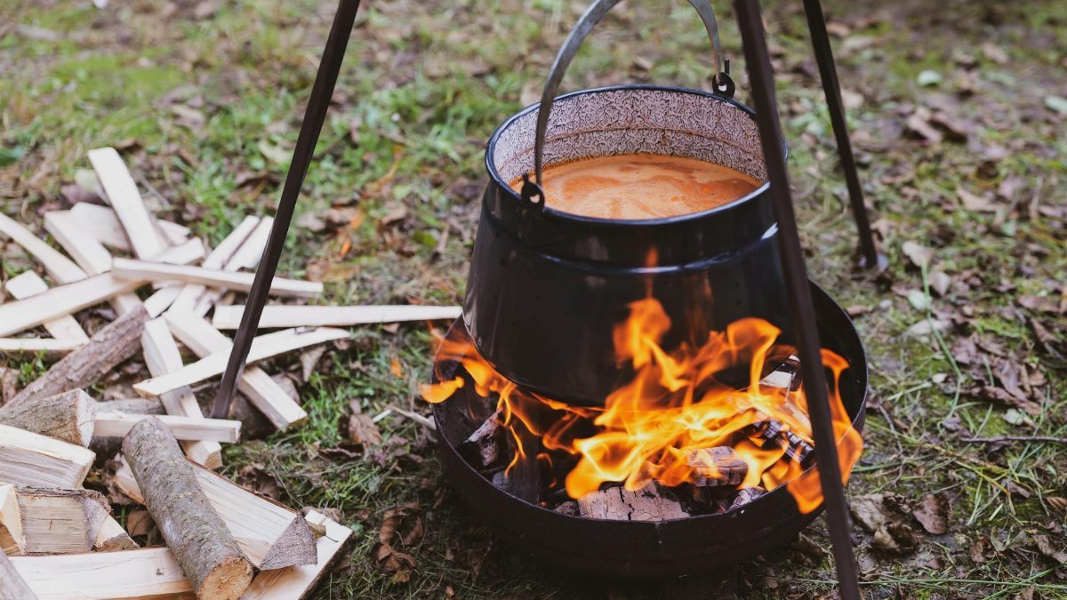 A pot of soup cooking over a campfire surrounded by wood in a grassy area.
