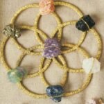 Vibrant crystal grid on fabric with healing stones and floral accents for meditation and energy enhancement.