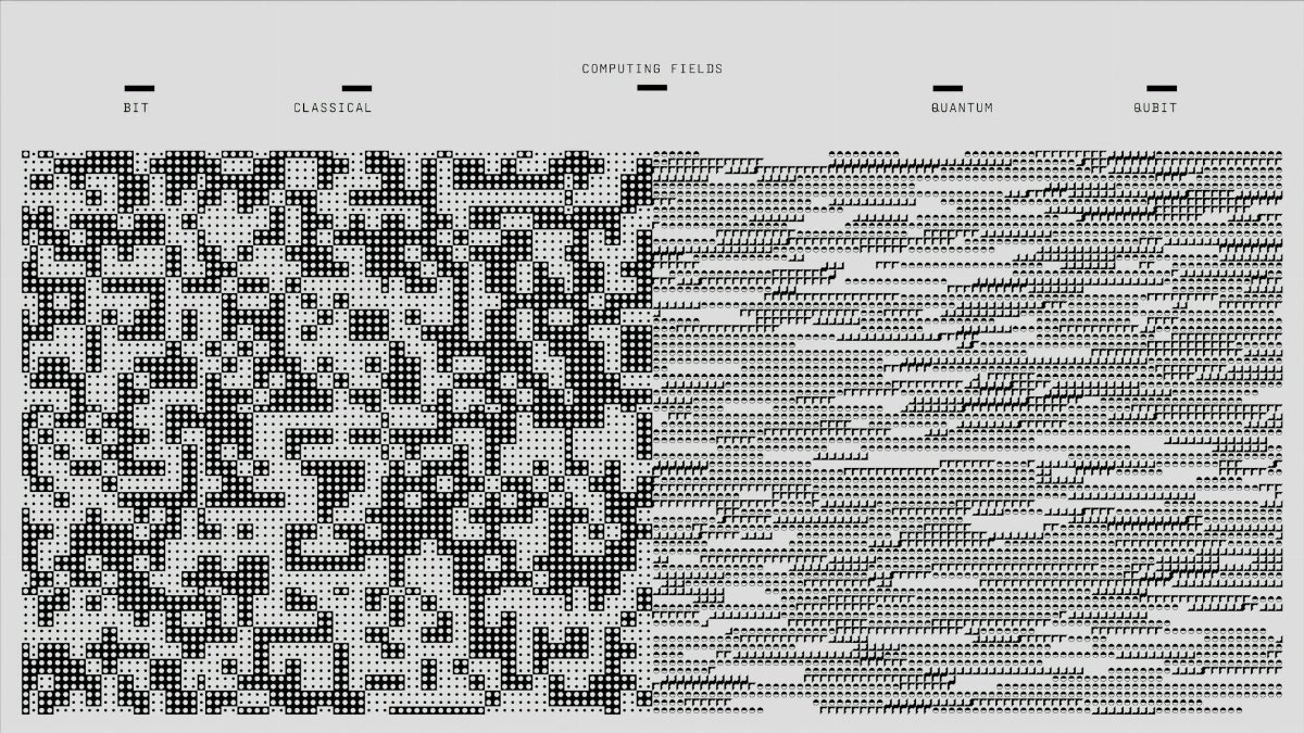 Abstract design showcasing computing fields with geometric and binary patterns in black and white.