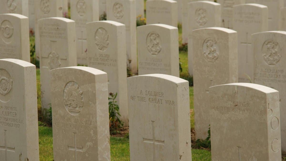 Peaceful view of World War I gravestones in a military cemetery, symbolizing remembrance.