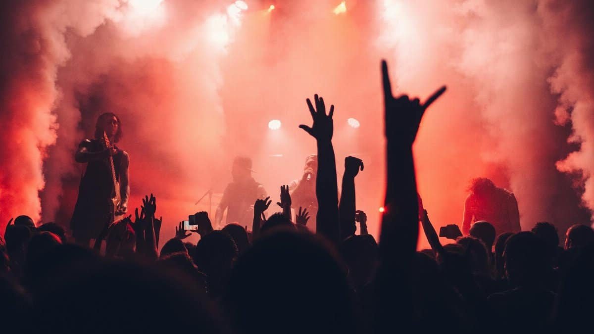 Dynamic scene of a rock band performing live with an enthusiastic audience and vibrant stage lights.