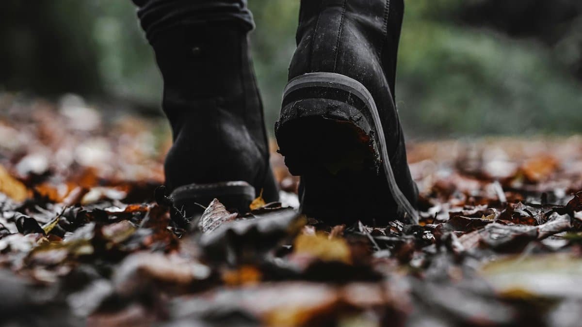 Close-up shot of black boots walking through dry autumn leaves on a forest path.