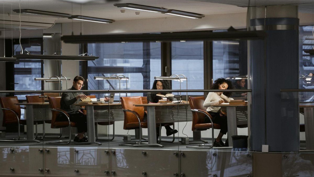 Students studying in a modern library with leather chairs and books around them.