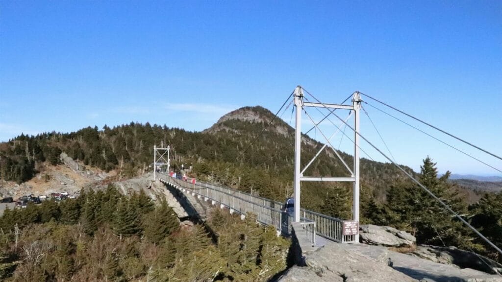 A breathtaking view of the bridge at Grandfather Mountain, NC amid lush pine trees.