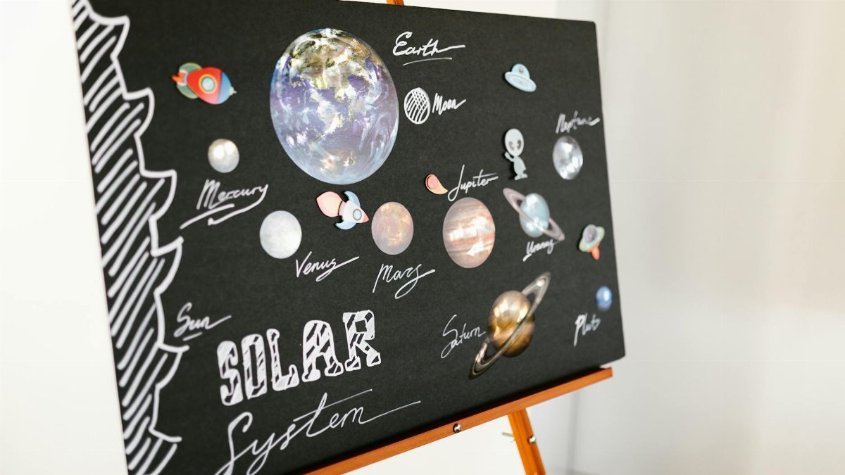 A creatively designed solar system poster displayed on an easel in a classroom setting.