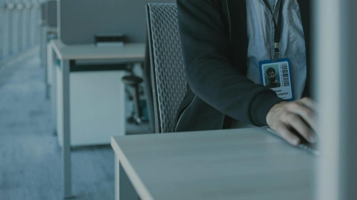 Close-up of a man working in a modern office setting, wearing an ID badge.
