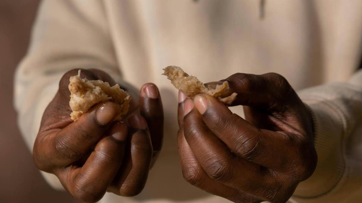 Close-up of adult hands breaking a piece of bread, highlighting texture and detail.