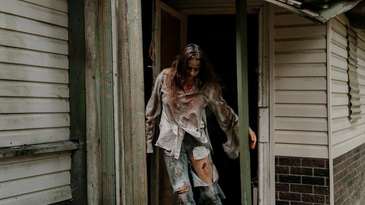 A haunting image of a zombie stepping out of a dilapidated building, perfect for horror themes.