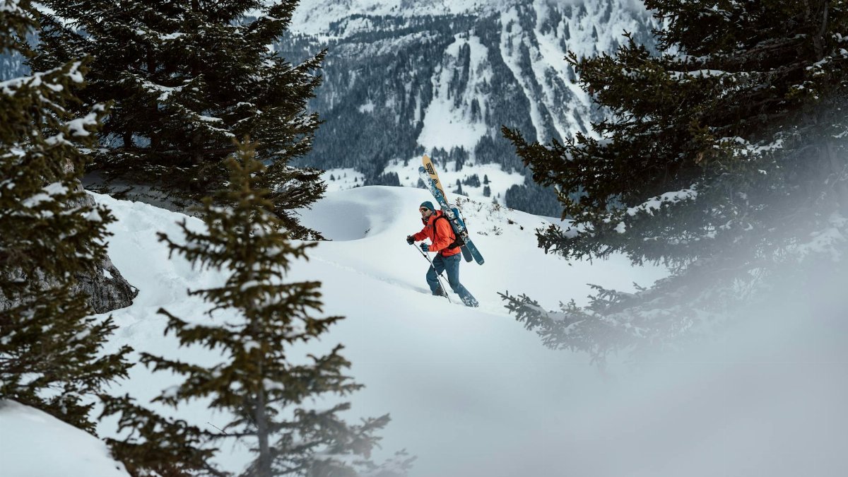 Man hiking with skis on snowy mountain amidst evergreen trees, showcasing winter adventure.