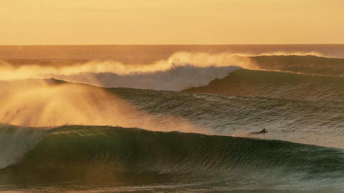 Dramatic ocean waves crashing at sunset with a surfer catching a wave.