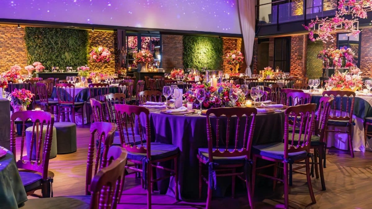 Lavishly decorated wedding reception with floral arrangements and elegant table settings.