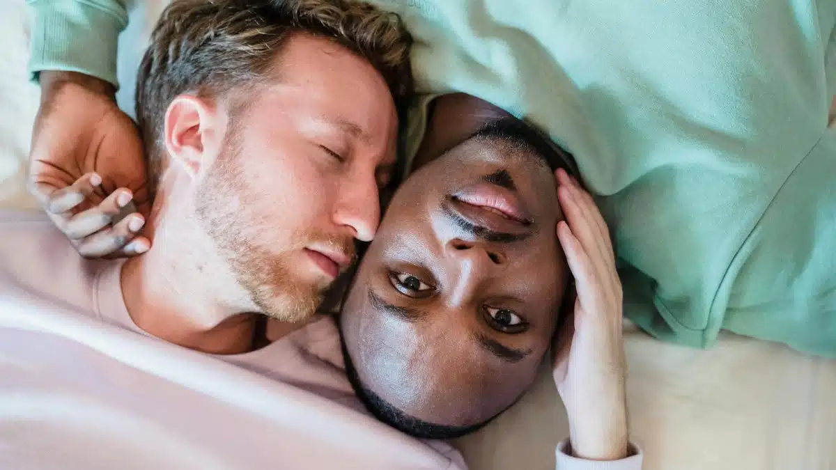 An intimate and heartwarming top-view portrait of a couple lying together, expressing love and connection.