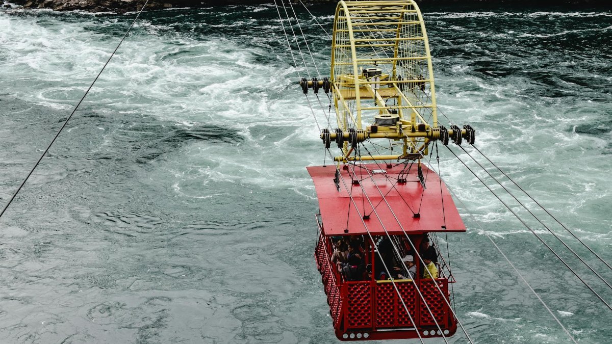 Whirlpool Aero Car traversing the swirling waters of the Niagara River gorge. Ideal for travel and adventure themes.