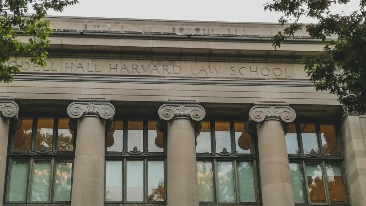 Classical architecture of Harvard Law School's facade with iconic columns, perfect for educational themes.