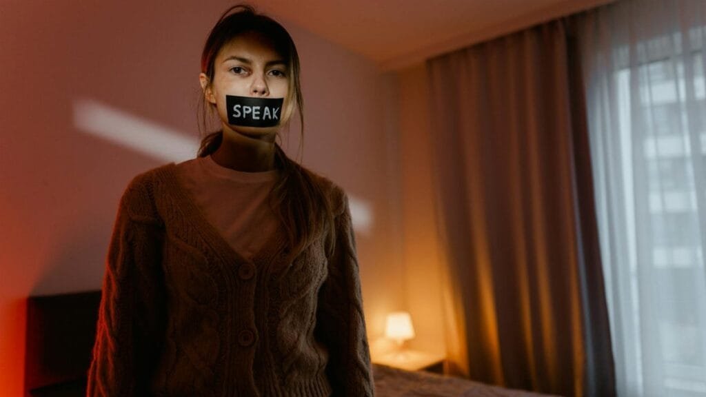 A woman stands in a dimly lit bedroom with tape reading 'Speak' over her mouth, symbolizing silence and oppression.