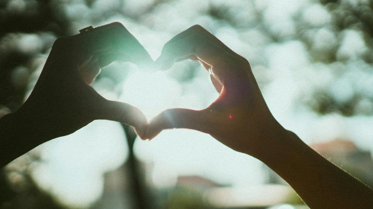 Close-up of hands creating a heart shape under bright sunlight, symbolizing love and connection.