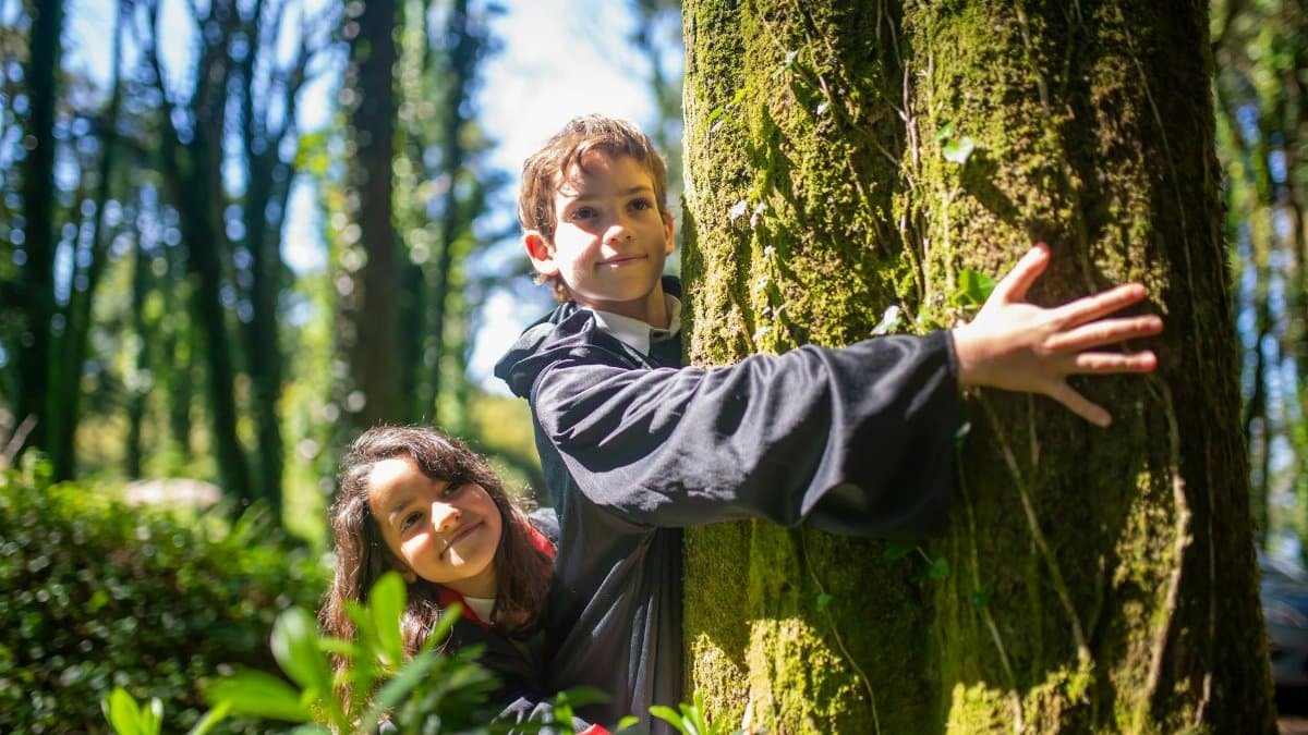 Two children in costumes play in a sunlit forest, exploring nature.