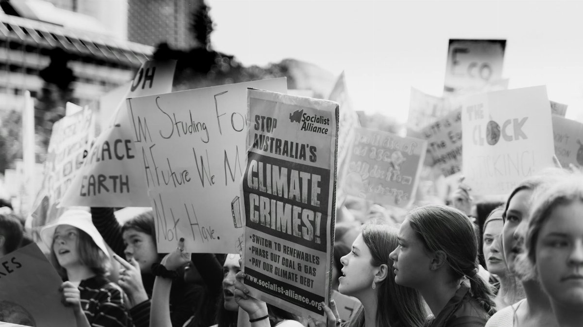 Passionate protestors rally against climate change in Sydney's city center.