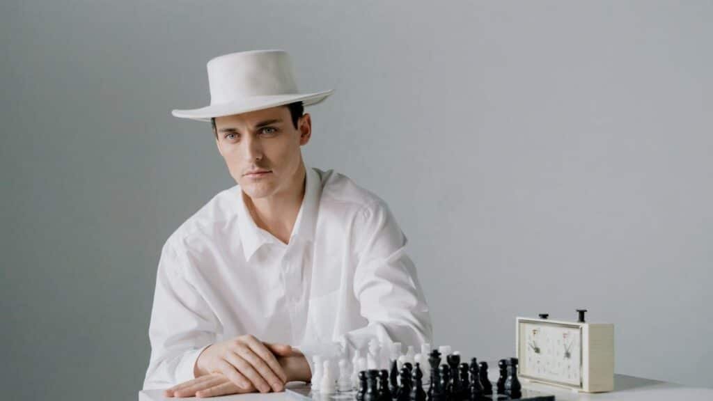 A focused chess player sitting by a chessboard with a clock, wearing a stylish white hat.