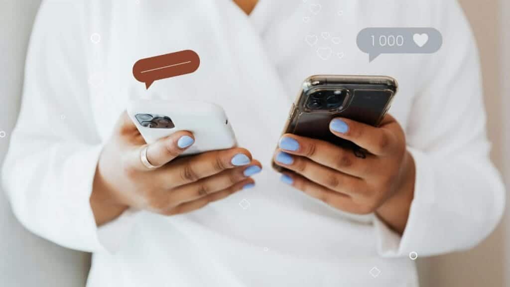 A woman in a white robe interacts with two smartphones, showcasing social media engagement icons.