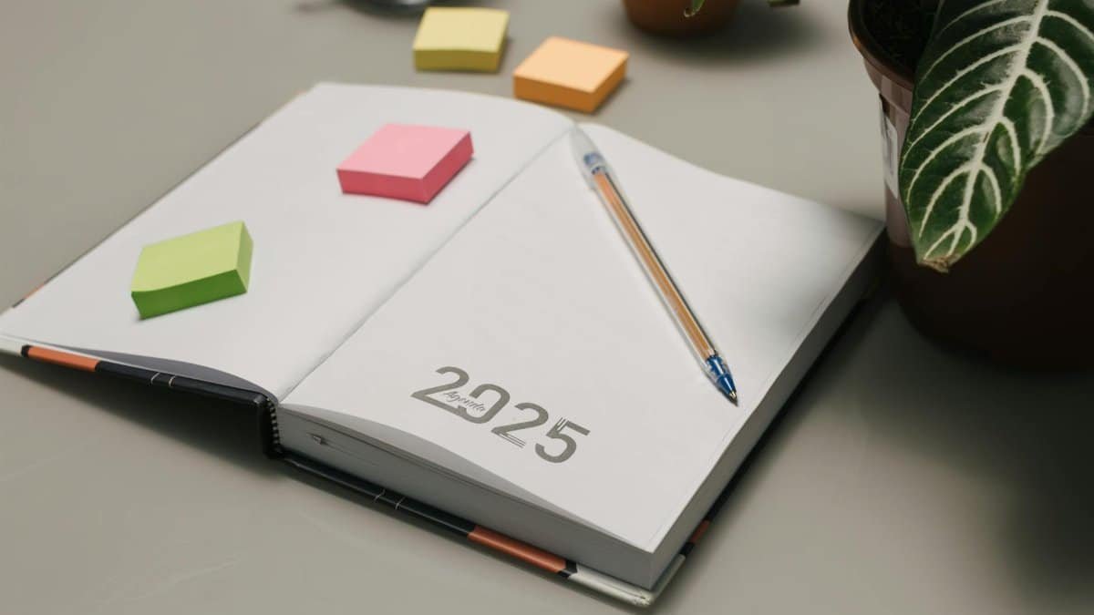 Open planner for 2025 with colorful sticky notes and plants on a desk.