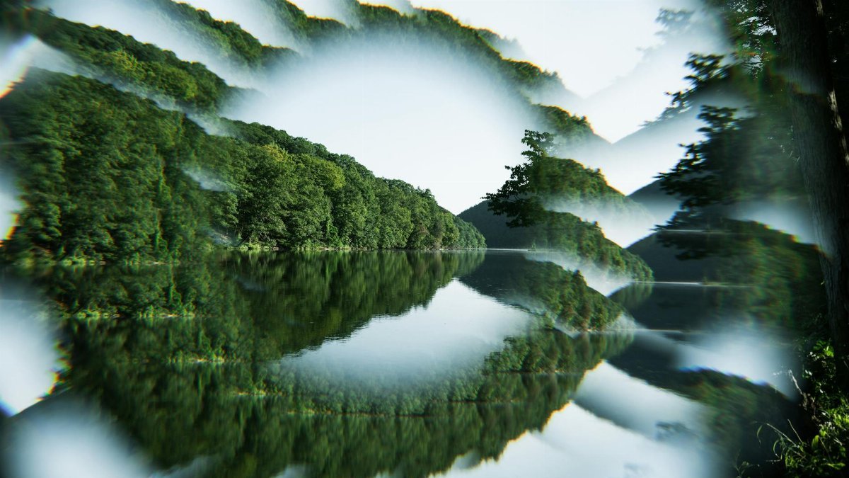 Artistic view of a forest reflected in a lake with a surreal mosaic effect. Tranquil nature scene.
