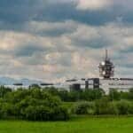 Scenic view of Zagreb's public media headquarters under a cloudy sky.