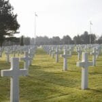 A serene military cemetery with rows of white crosses under sunlight, symbolizing remembrance.