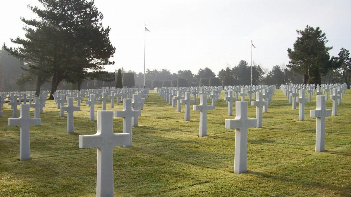 A serene military cemetery with rows of white crosses under sunlight, symbolizing remembrance.