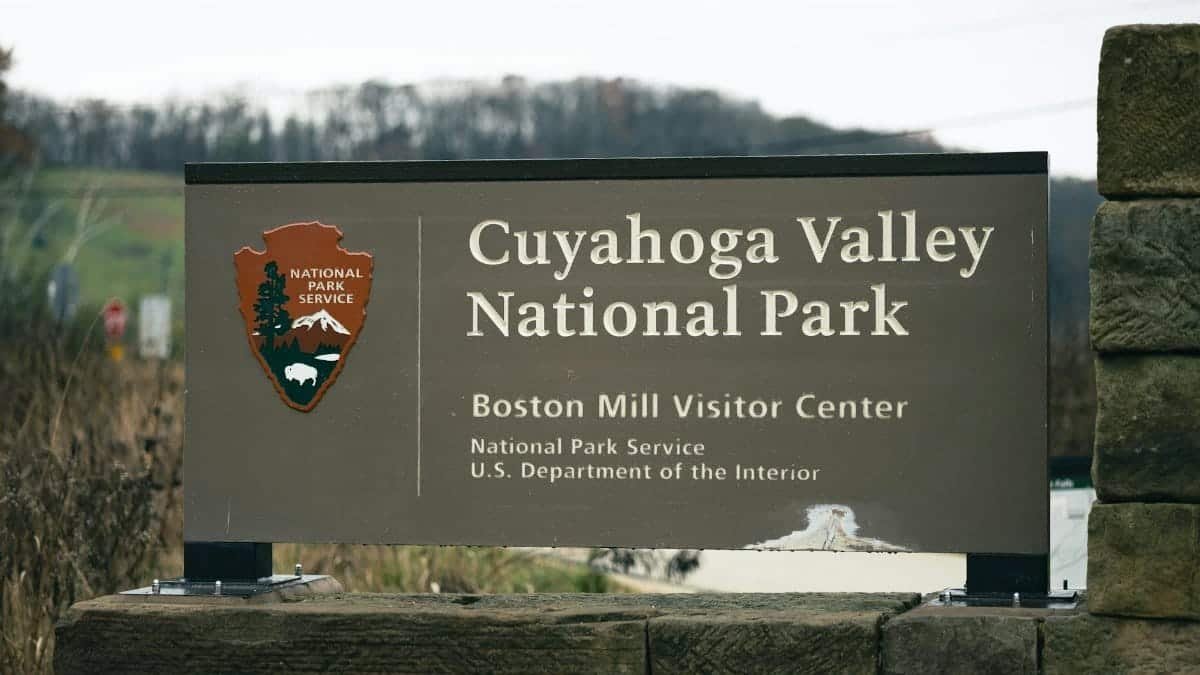 Signage for Cuyahoga Valley National Park at Boston Mill Visitor Center.