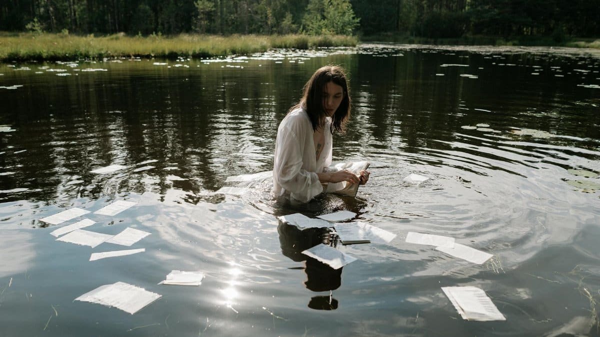 A serene scene of a woman in a lake surrounded by floating pages.