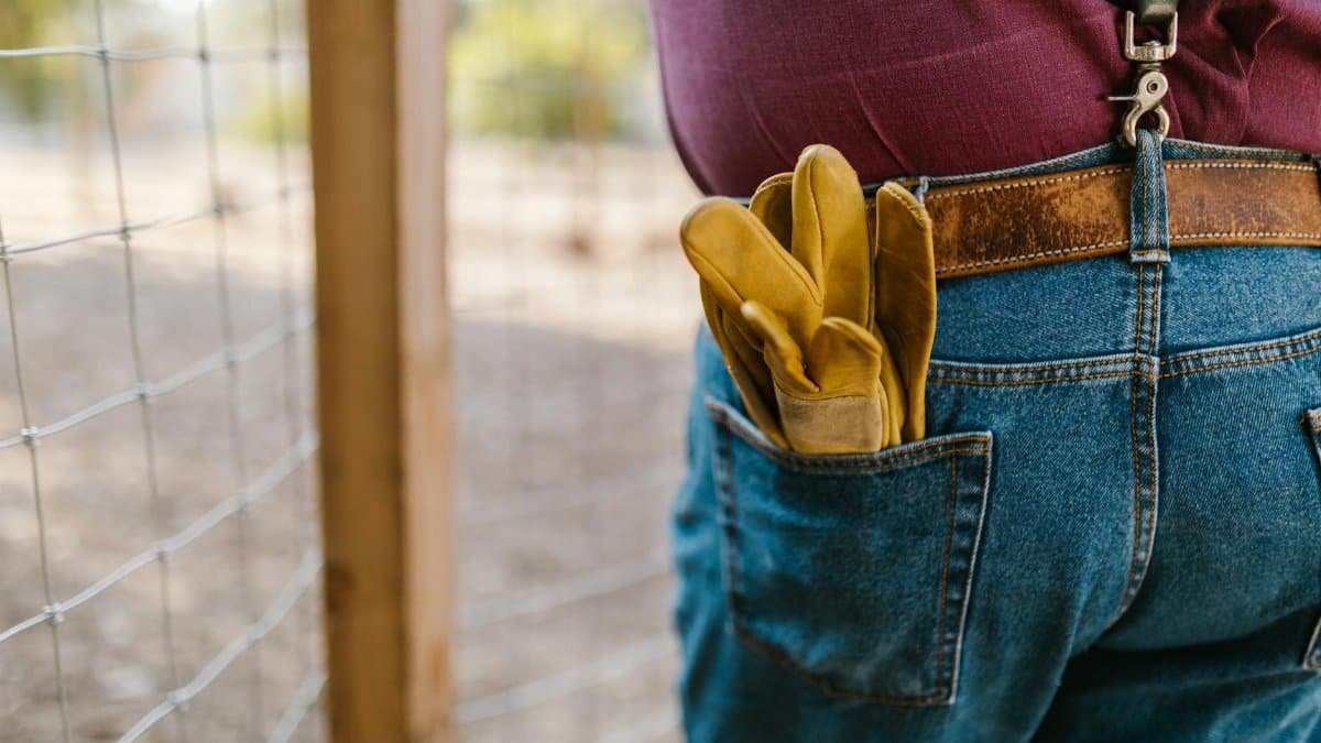 A pair of yellow work gloves in a back pocket, against a rustic fence.