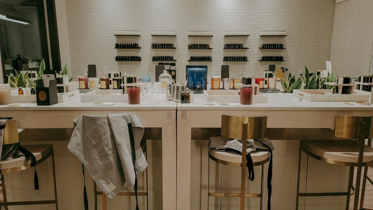 Elegant candle making studio with modern design in Toronto, showcasing candles and equipment.