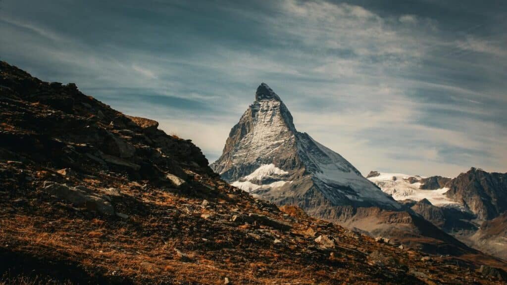 A breathtaking shot of the iconic Matterhorn mountain in the Swiss Alps near Zermatt.