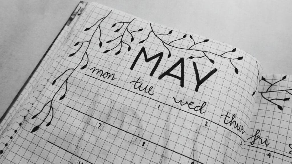 Aesthetic black and white bullet journal with hand-drawn leaves for May month planning.