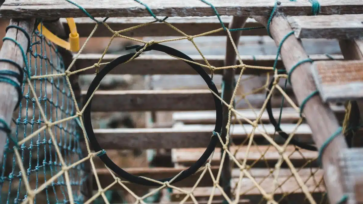Close-up of a traditional wooden lobster trap with intricate mesh and rope patterns, ideal for fishing industry visuals.